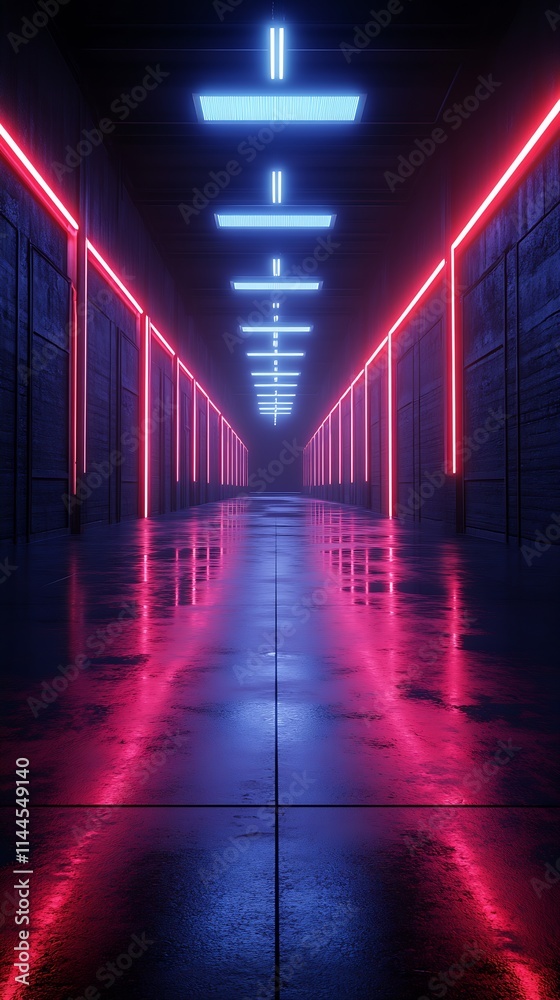 Aufkleber Moody Neon Illuminated Corridor with Abstract Reflections in Cyberpunk Style : Generative AI
