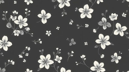 Seamless charcoal small floral elements wallpaper design with delicate blossoms and leaves, blossoms, floral, small