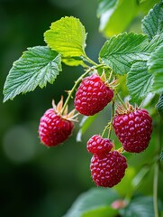 Fresh Ripe Red Raspberries on Green Raspberry Plant Leaves