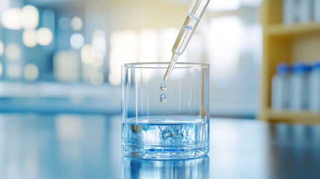 Science experiment, Close up of pipette delivering droplets into glass, showcasing precision and clarity in laboratory setting