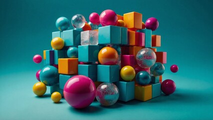 Vibrant abstract geometric composition featuring colorful three-dimensional cubes and spheres on a bright turquoise background, exuding modern visual