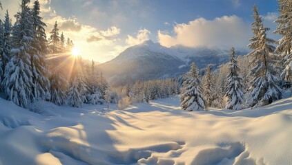 Obraz premium Stunning Winter Landscape with Snow-Covered Trees and Majestic Mountains Under a Bright Sky at Sunrise in a Serene Natural Setting