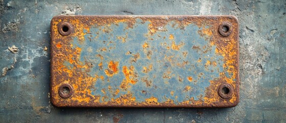 old rusted metal plate with four holes on distressed surface