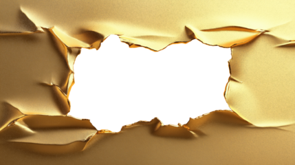 Torn metallic gold paper frame with blank center for copy space on transparent background