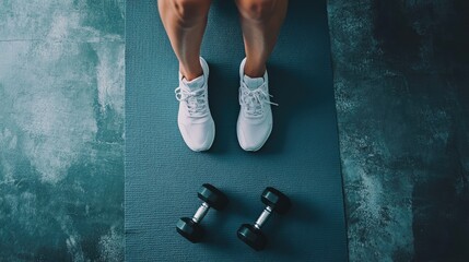 Bright morning light highlights feet on a fitness mat beside weights, showcasing dedication to a home workout routine and wellness journey