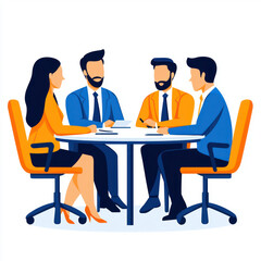 Business meeting with four professionals discussing ideas around table