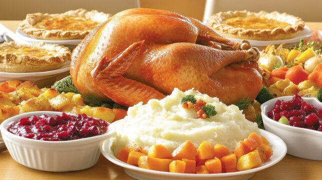 A Thanksgiving feast spread on a long dining table, featuring a golden-brown turkey as the centerpiece, surrounded by mashed potatoes, cranberry sauce, roasted vegetables, and freshly baked 