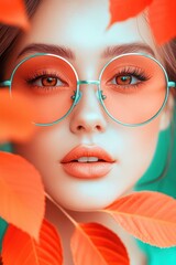 Fototapeta premium Vibrant portrait of a young Caucasian woman with orange sunglasses surrounded by autumn leaves, AI