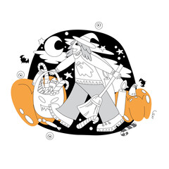 Vector illustration in flat and doodle style on Halloween theme. Image of a girl or a guy with a broom and in a hat, with pumpkins, bats and ghosts.