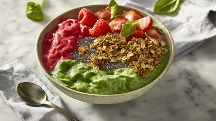 A bowl of vibrant smoothie topped with granola, chia seeds, and fresh fruit, served on a marble countertop with a spoon and napkin. 