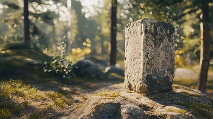 Stone pillar in a serene forest setting.