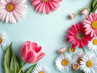 Vibrant spring flowers including tulips and daisies on a textured paper background, paper, spring, botanical