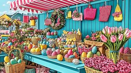 vibrant easter market stall: handmade decorations, painted eggs, and flower wreaths – perfect as a poster for festive home decor or spring sports events!