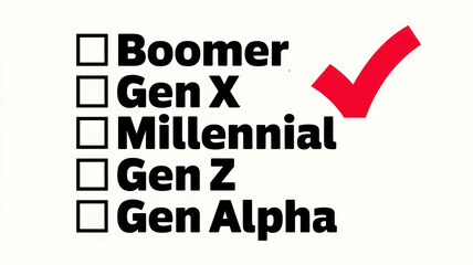 Generational Checklist. The image displays a checklist with five generational categories: Boomer, Gen X, Millennial, Gen Z, and Gen Alpha – Generative AI