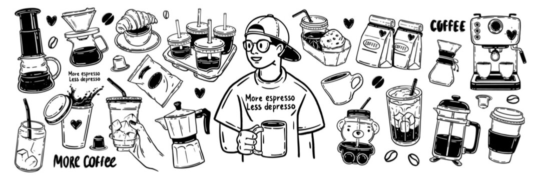 Coffee icon vector set, hand drawn cafes doodle illustration, morning hot beverage breakfast cup. Take away eatery barista menu cartoon object latte drink cocktail black sticker espresso. Coffee icon