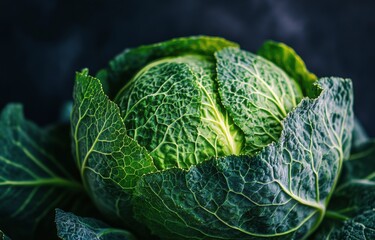 Fototapeta premium Fresh green cabbage with textured leaves in natural lighting showcases the vibrant colors and intricate patterns
