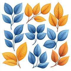 Colorful leaves in blue and orange shades create vibrant pattern