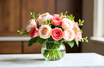 Elegant bouquet of pink and peach roses arranged in a round glass vase on a marble table, ideal for interior design or floral shop advertisements. Selective focus