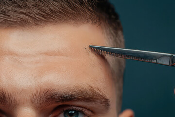 Close up of barber trimming hair with scissors, showcasing skill and precision