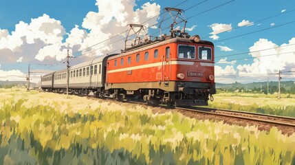 Obraz premium Red Train Speeds Through Sunny Fields Under Blue Sky