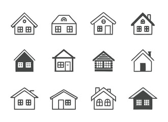 Real Estate Property Thin Line Icons - House, Garage, and Cottage Set. Editable stroke Vector illustration. Black Outline Icons of Houses and Apartments 