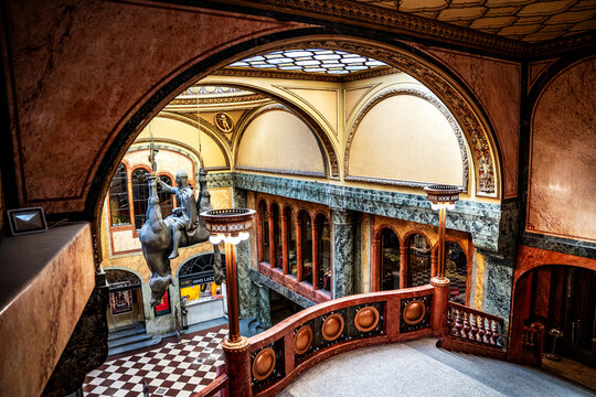 Sculpture of upside-down horse with St Wenceslas, David Čern&yacute;'s statue entitled "Kůň" in Lucerna Palace, New Town district (Nove Mesto), Prague city center, Czechia