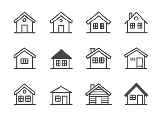 Fototapeta premium Real Estate Property Thin Line Icons - House, Garage, and Cottage Set. Editable stroke Vector illustration. Black Outline Icons of Houses and Apartments 
