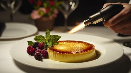 A chef using a blowtorch to caramelize the sugar on crème brûlée, creating a golden crust while diners watch with anticipation. The dessert is elegantly plated with fresh berries and mint. 