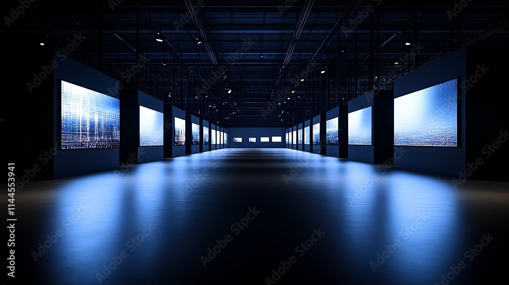 Poster futuristic art gallery hallway with illuminated digital screens exhibiting modern designs : generati