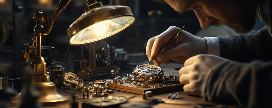 watchmaker meticulously assembling bespoke timepiece under warm light, showcasing craftsmanship and precision in detailed workshop setting