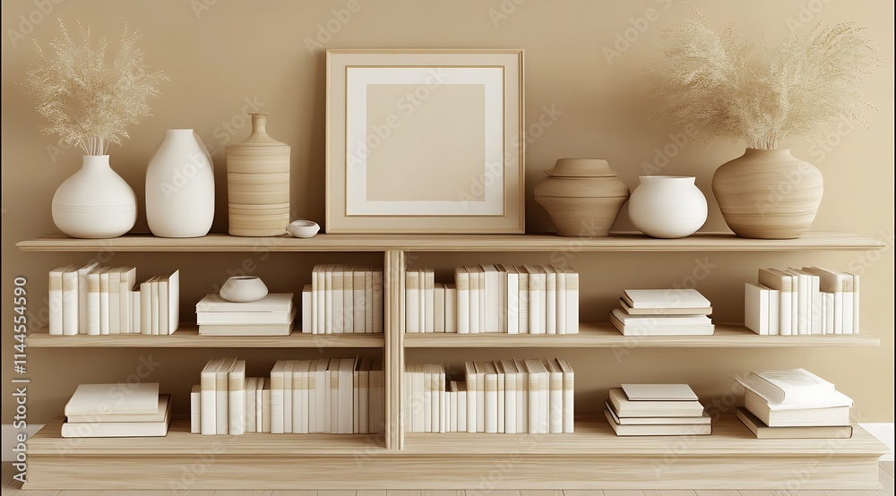 Aufkleber Contemporary Home Shelf Design with Artistic Vases and Stylishly Arranged Books : Generative AI