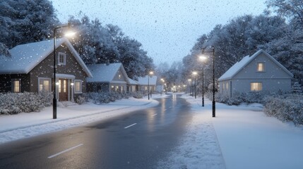 Snowy Village Street at Night  Winter Wonderland Scene