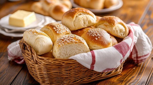 Cozy dining room assorted dinner rolls in rustic bread basket - culinary photography