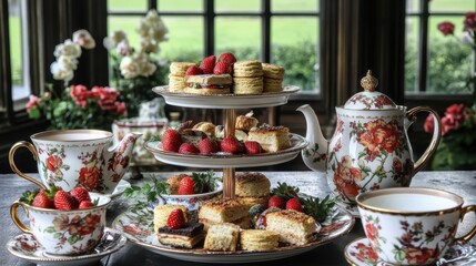 A decadent afternoon tea set up in a Victorian-style parlor, with a tiered tray holding scones, finger sandwiches, petit fours, and fresh strawberries. Elegant china teacups and a teapot with 