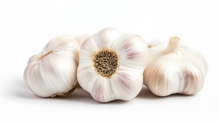 Close-up capturing garlic arranged on a clean white background, subtle textures visible, balanced soft lighting emphasizing natural hues 