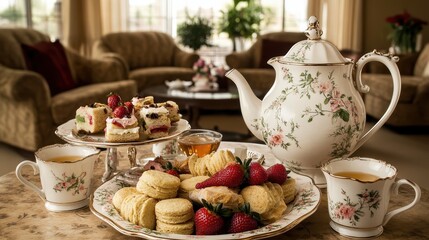 A decadent afternoon tea set up in a Victorian-style parlor, with a tiered tray holding scones, finger sandwiches, petit fours, and fresh strawberries. Elegant china teacups and a teapot with 