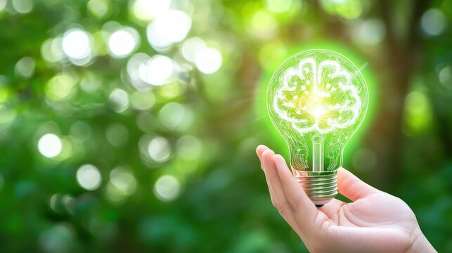 Hand holding a glowing green lightbulb with a brain inside, representing eco-friendly ideas.