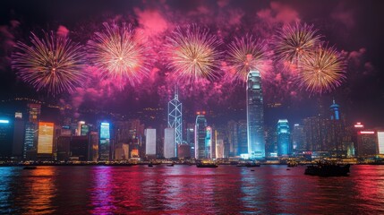 Spectacular fireworks display illuminates city skyline urban nightscape high fidelity imagery