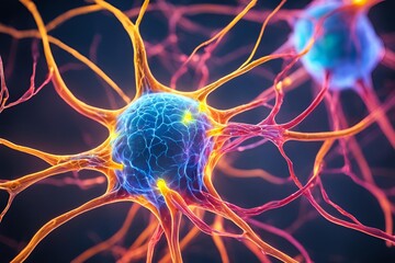 Close-up of a neuron and synapse with glowing neural connections and electrical impulses. Detailed structure with vibrant colors highlighting brain communication.