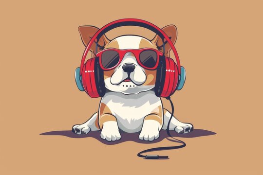 Bulldog wearing headphones and sunglasses