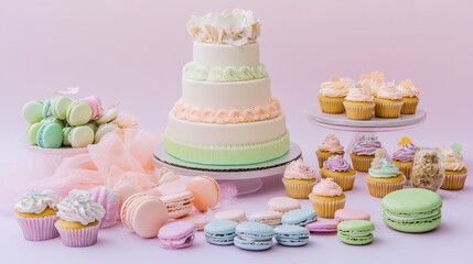 A dessert table filled with assorted sweets, including cupcakes, macarons, cookies, and a multi-tiered cake, with pastel decorations. 