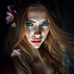 Naklejka premium Romantic and Captivating: A Stunning Beauty with Flowers in Her Hair, Vibrant Colors, Dynamic Viewing Angle, and a Highly Detailed Photorealistic Full-Body Portrait