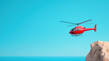 Fototapeta na wymiar vibrant red helicopter flying above rocky cliff against clear blue sky