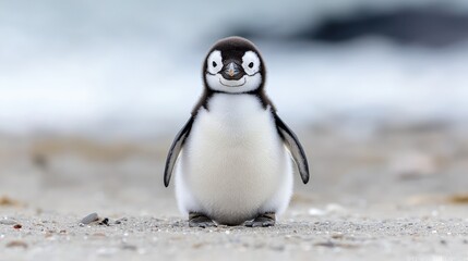 Fototapeta premium Adorable baby penguin chick on beach.