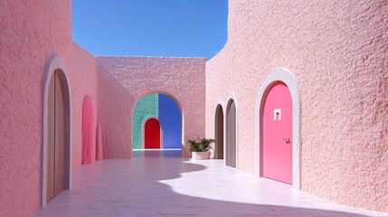 Naklejka premium Modern Minimalist Architecture Pastel Pink Building Colorful Doors Archways
