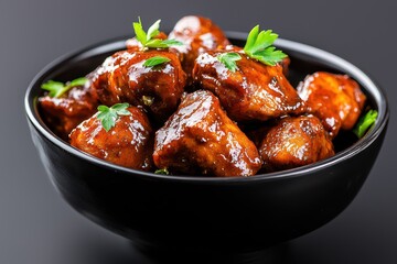 A delicious bowl of glazed chicken pieces garnished with fresh herbs, perfect for a savory meal or appetizer.