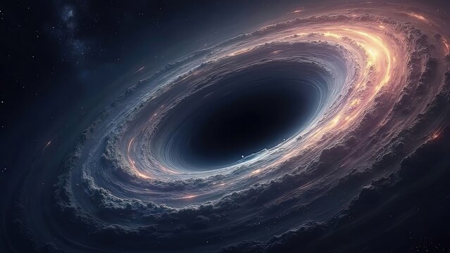 A stunning depiction of a black hole at the center of a galaxy. Bright swirling gases and cosmic dust illuminate the surrounding area, creating a mesmerizing cosmic artwork. Generative AI