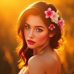 Fototapeta premium Romantic and Captivating: A Stunning Beauty with Flowers in Her Hair, Vibrant Colors, Dynamic Viewing Angle, and a Highly Detailed Photorealistic Full-Body Portrait
