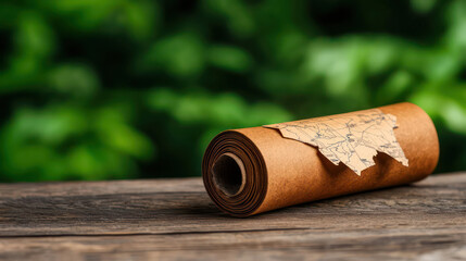 Ancient rolled up map on wooden table with green background, evoking adventure and exploration
