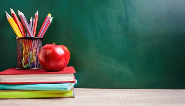 apple on books with pencils and empty blackboard